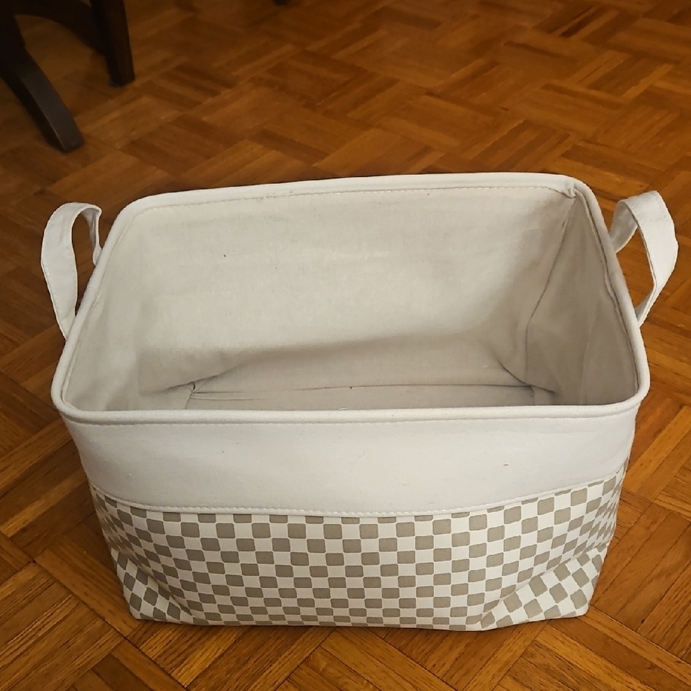 Elegant Checkered Storage Bin - Cream and Tan with Handles.